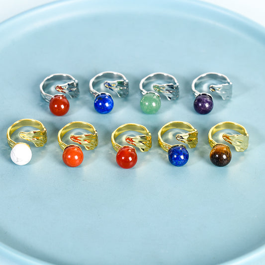 Leaf Crystal Natural Stone Round Bead Adjustable Ring