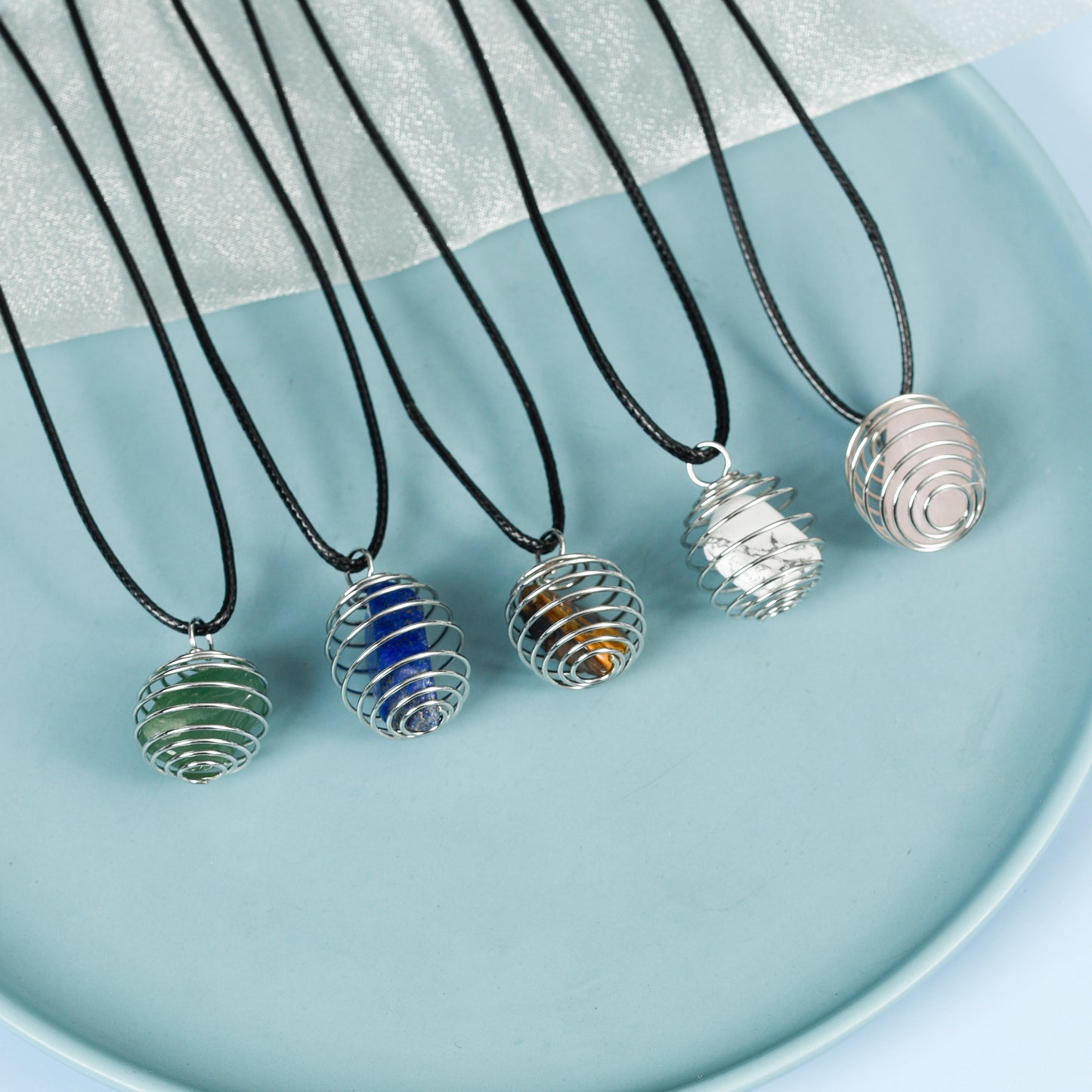 Crystal Natural Stone Spiral Bead Cage Pendant/Necklace